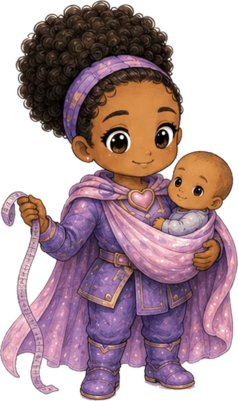 An illustrated mother carrying her baby in a sling and holding a measuring tape.