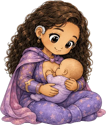 An illustrated mother with curly hair, breastfeeding her baby.