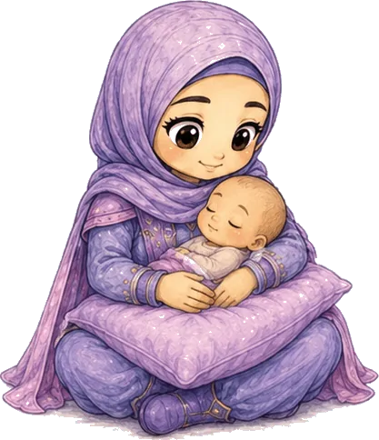 An illustrated mother in a headscarf, cradling her sleeping baby on a pillow.