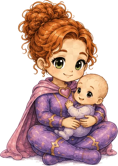 An illustrated mother in a purple cape, sitting cross-legged and holding her smiling baby.