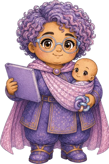 An illustrated mother with glasses, carrying her baby in a sling and holding a tablet.